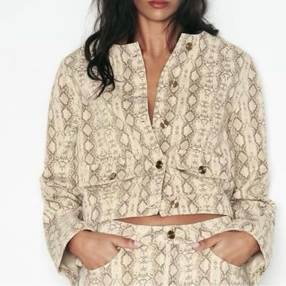 Zara Snake Print Jacket - Cream and Brown